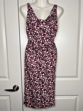 Diane Von Furstenberg Y2K 90s 00s Busy Print Pink Cowl Neck Sheath Midi Dress 8